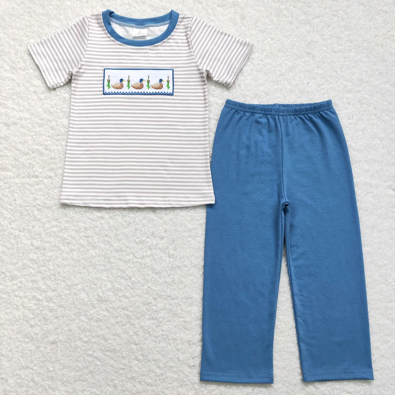 

Wholesale Baby Boy Short Sleeves Ducks Embroidery Stripes Shirt Children Kids Infant Cotton Pants Trousers Sets Toddler Outfit