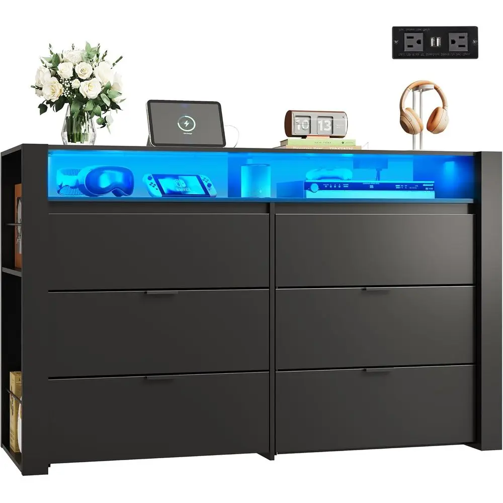 6 Der Led Drer Or Bedroom, 51" Black Wood Drer Storage Organizer With Charging Station Or 55" Tv, Drers With Open Shelves, Hangi-image