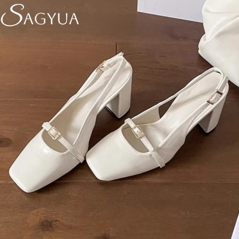 

Women Sandals Square Toe High Heels Shoes Chunky Slippers Summer 2025 Trend New Shallow Slingback Pumps Elegant Sandalias Mujer