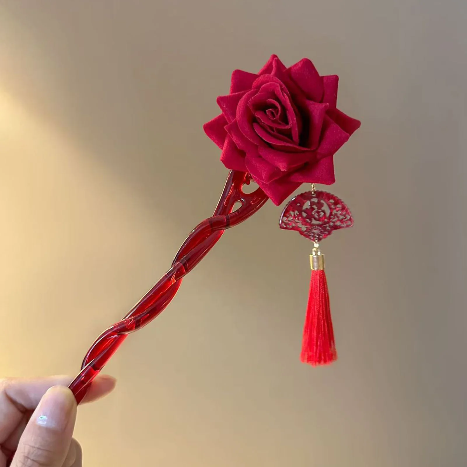 Elegant Red Rose Flower Bun Pin Chinese Vintage Style Red Rose With Tassel Fan Detail Fashion Hair Accessory For Daily Wear