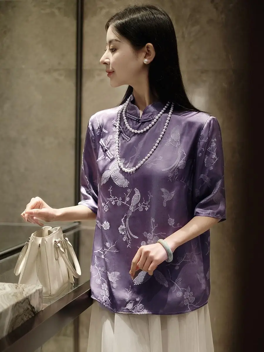 Look Very Happy Purple Frog Tops Women Summer Vintage Short Sleeve Printing Chinese Style Loose Stand Collar All-match Shirt