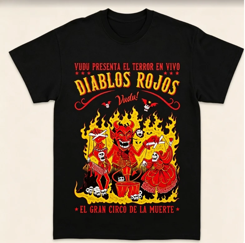 2026 Black Crew Neck T‑shirt Vintage Circus Demon Skeleton Puppet Fire Retro Poster‑Style Unisex Cotton Short Sleeve Tee