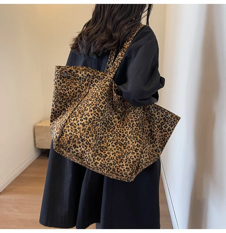 2023 Korean Leopard Shopper Big Shopping Shoulder Bag Large Capacity Canvas Tote Bags For Women Handbag Lady Travel Purse