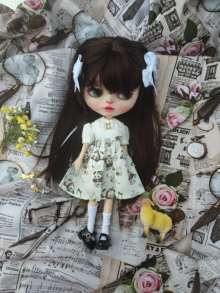 New Arrival Handmade Blythe Clothes Round Neck Short sleeves Panda motif Dress for Barbie Blyth OB22 OB24 Azone Doll Accessories