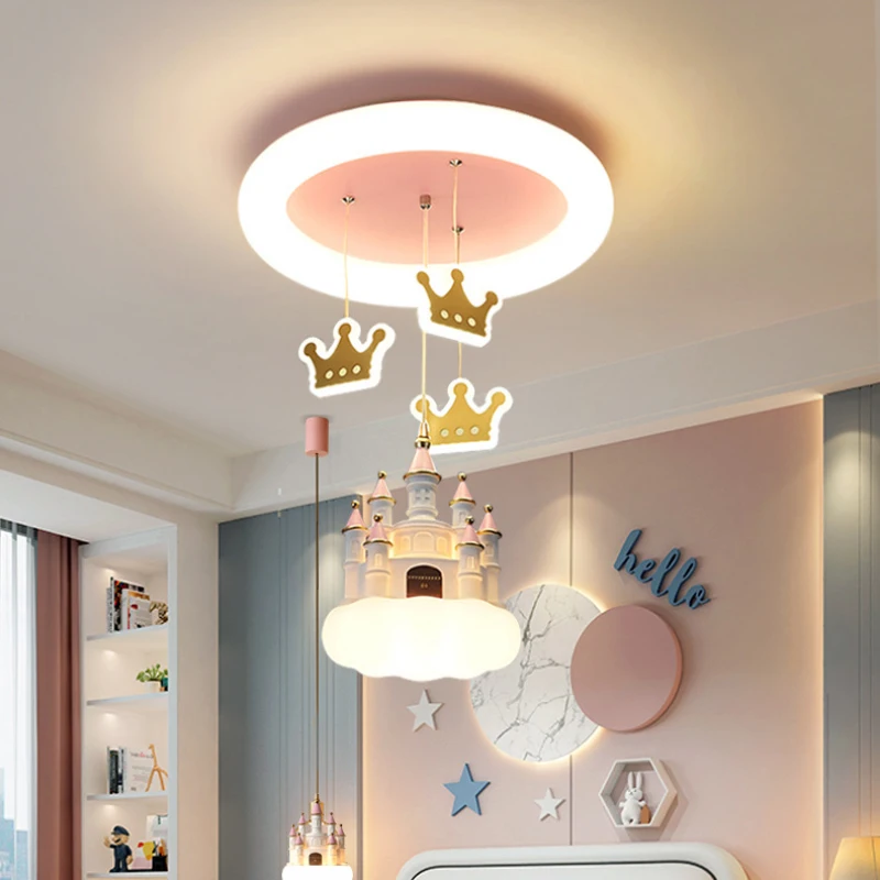 Imagem -04 - Pink Sky Crown Castle Luzes de Teto Modern Princess Room Light Berçário Romântico Quarto das Crianças Lâmpadas do Quarto da Menina