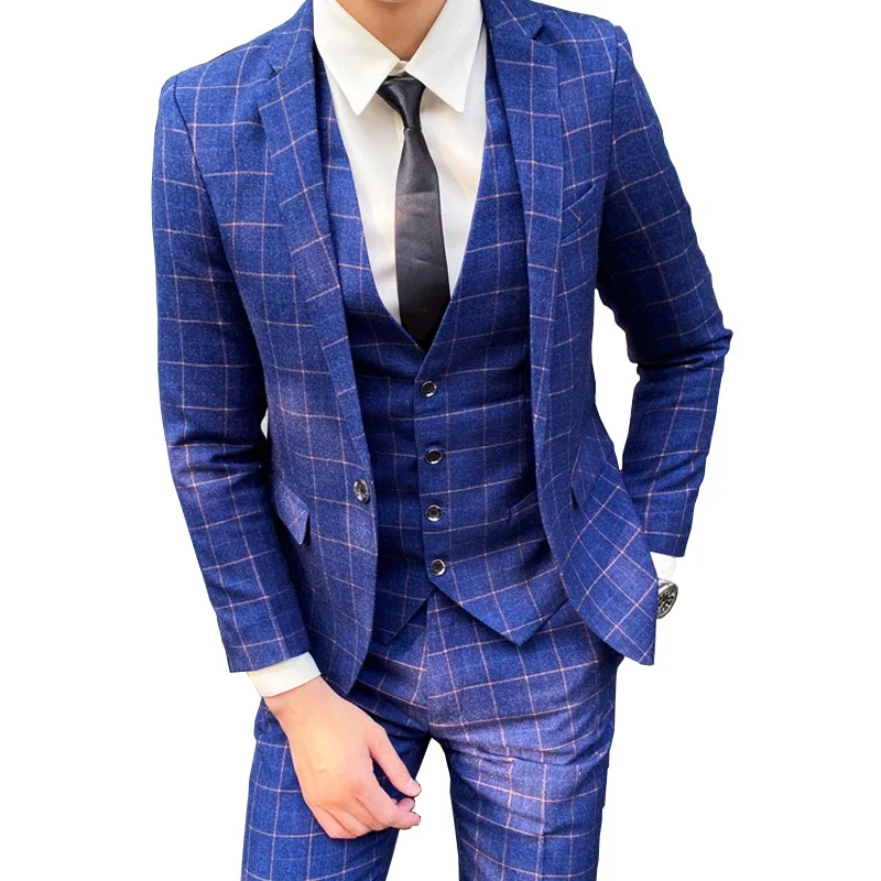 

Blazer Vest Pants High-end Brand Boutique Fashion Plaid Formal Business Office Men's Suit Groom Wedding Dress Party Male Suit