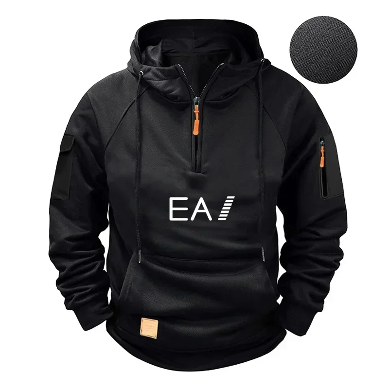 Autumn Winter Men Half Zip Multi Pocket Hooded Pullover Coat Fashion Casual Fitness Daily Sport Outerwear