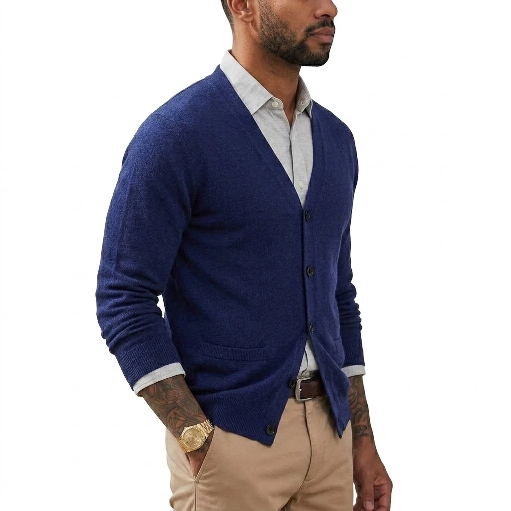 Herbst Herren V-Ausschnitt Strickjacke Pullover mit Knöpfen Langarm Strickpullover mit Taschen Lässiger Mantel Jacke für Männer – Detail 10