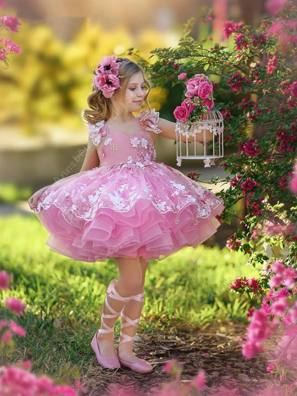 Flower Girl Dresses for Weddings Elegant Princess Kids Lace Applique Puffy Evening Party First Communion Little Bride Ball Gown