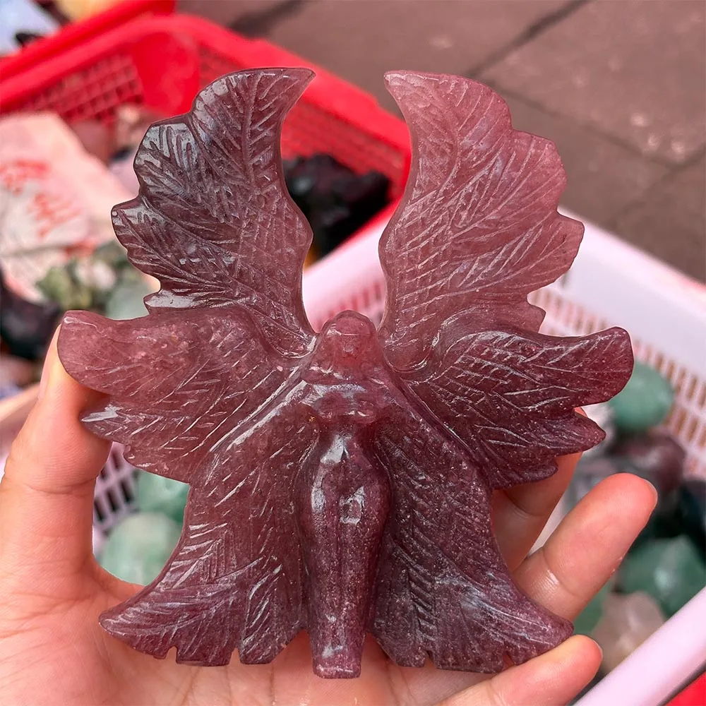 Strawberry Quartz Seraphs Carving Handcrafted Crystal Figurine Reiki Healing Stone Spiritual Home Decor Gift