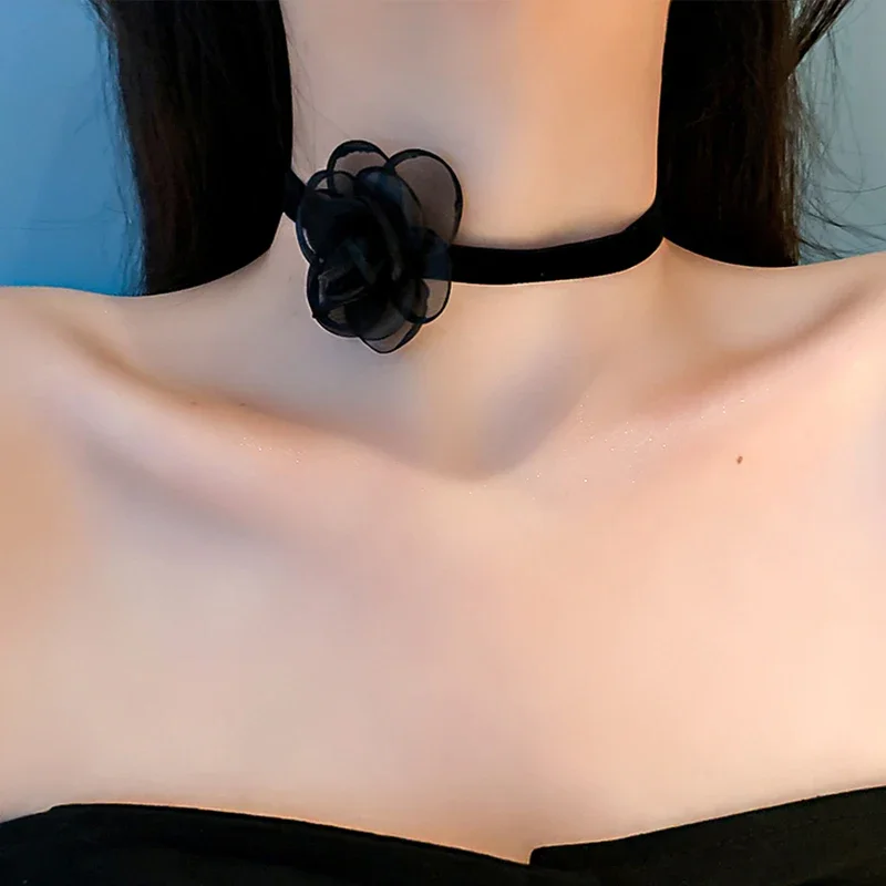 Black Rose Flower Organza Necklace for Women Party Sexy Lace Collar Neckband Chokers Wedding Clavicle Chain Jewelry Gift