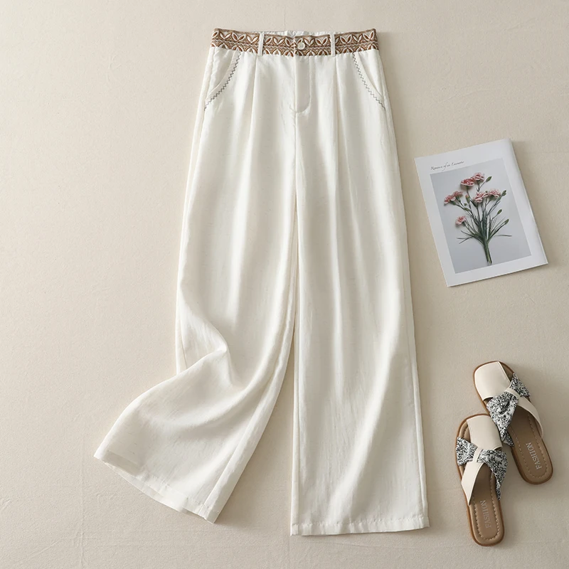 กางเกงขายาวทรงตรงผ้าลินินปักลายเอวสูงสำหรับผู้หญิง สไตล์ลำลอง สีพื้น ทรงหลวม ใส่สบาย เหมาะสำหรับฤดูใบไม้ร่วง