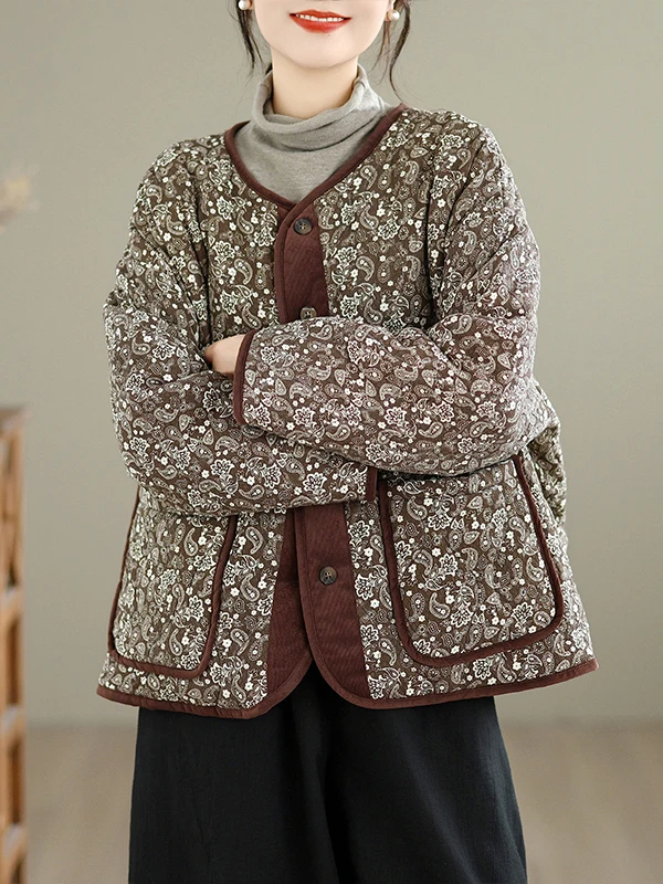 

Зима 2025 г., свободное покрое круглое женское пальто Nedown Jaet больших размеров в стиле ретро с цветочным принтом, хлопковое пальто Du, корейская верхняя одежда