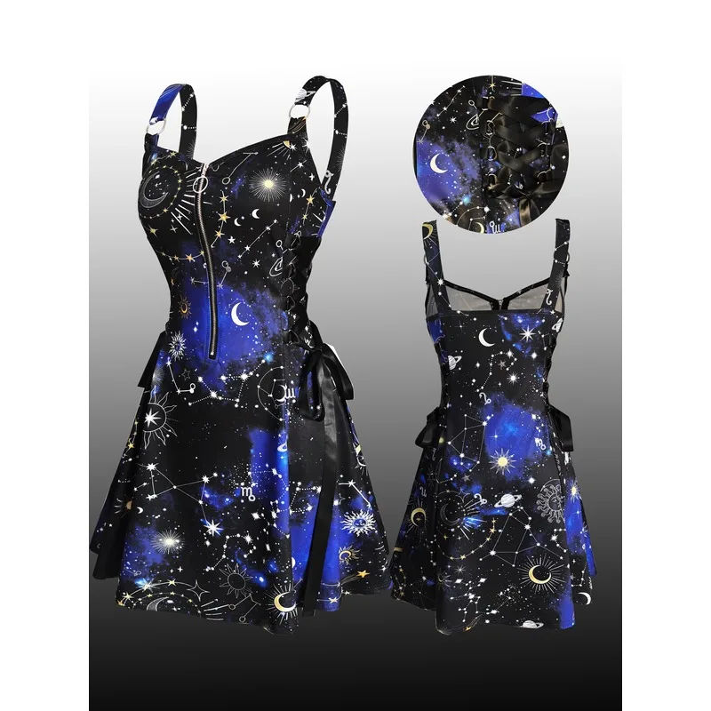 Gothic Style Women'S , Colorful Starry Sleeveless Dress, Print, Metal Zipper Opening, Wide Strap Waist Desig