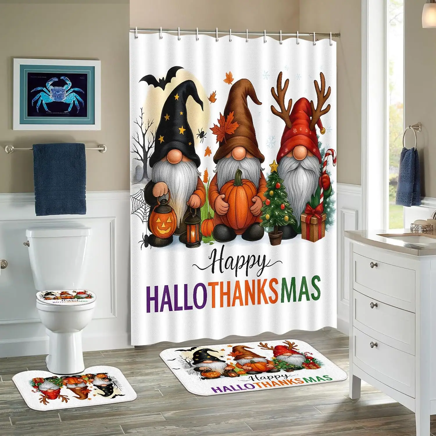 4Pcs Halloween Shower Curtain Bathroom Set -Fall Autumn Thanksgiving Christmas Non Slip Rugs Toilet Lid Cover Bath Mat with
