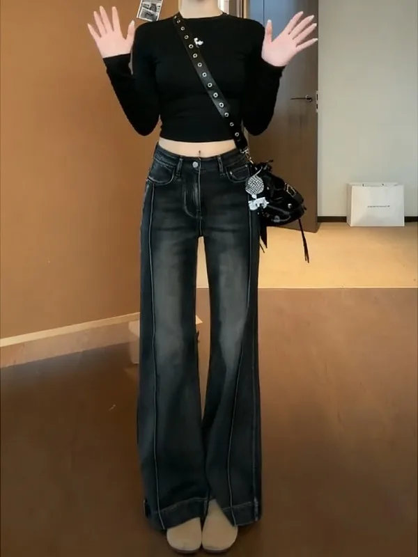 Retro Jeansy Damskie Plus Size w Stylu Vintage z Szerokimi Nogawkami, Jesienno-Zimowe, Nowe, Wyszczuplające Długie Spodnie