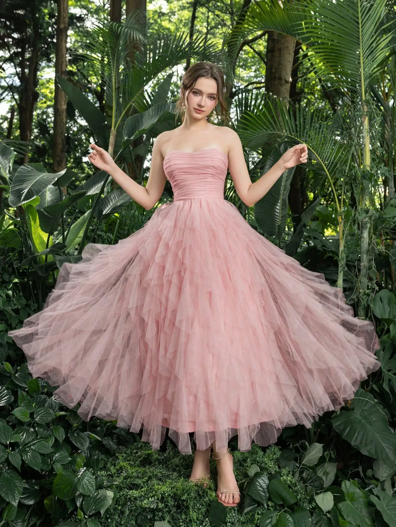 Elegant Strapless Tulle Dress with Ruched Bodice and Cascading Ruffles for Prom, Homecoming, or Formal Events