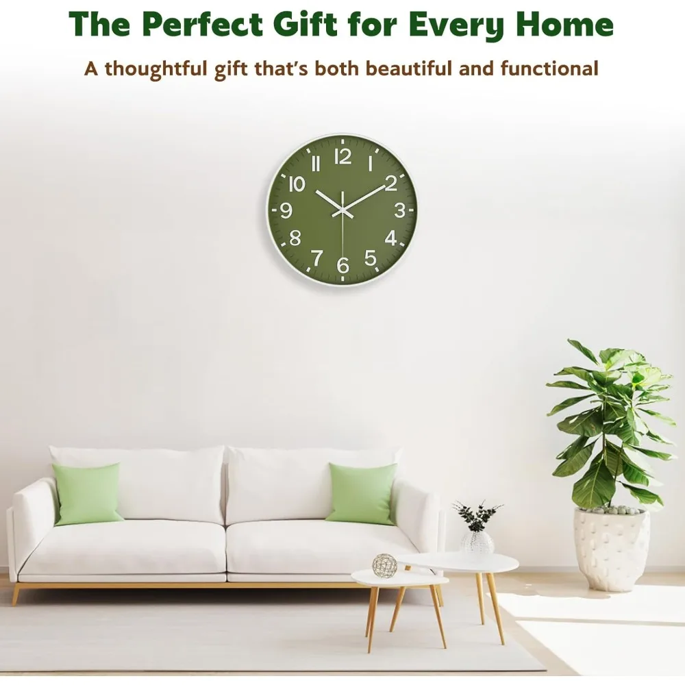 

Silent wall clock, no ticking sound, battery powered - modern olive green analog wall clock