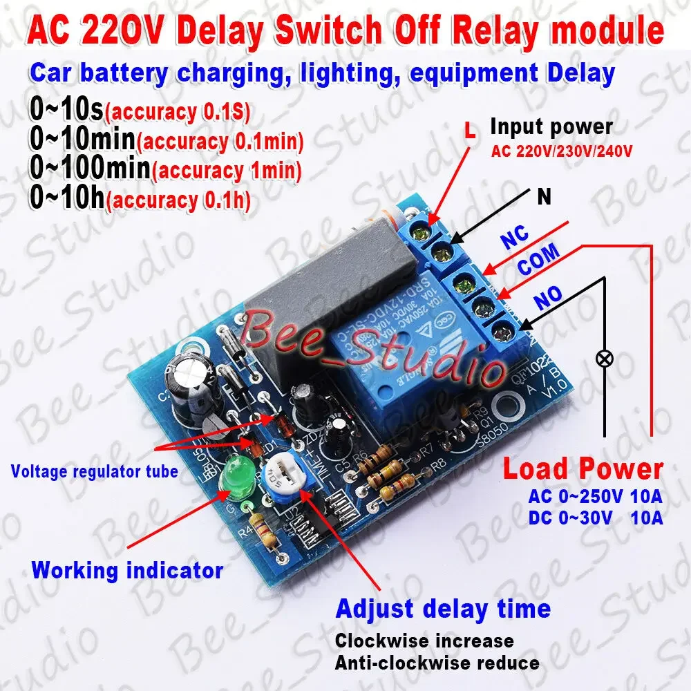 0-10s/ 0-10min/ 0-100min/ 0-10h AC220V 230V Adjustable Timer Delay Switch Turn Off Time Control Relay Module for Lighting Delay