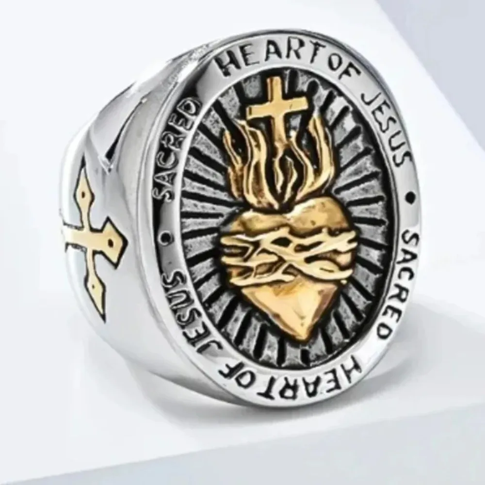 

Artistic Retro Titanium Steel Cross Ring Men's Fashion Creative Design Heart Rings Religious Amulet Jewelry Trendy Men's Gifts