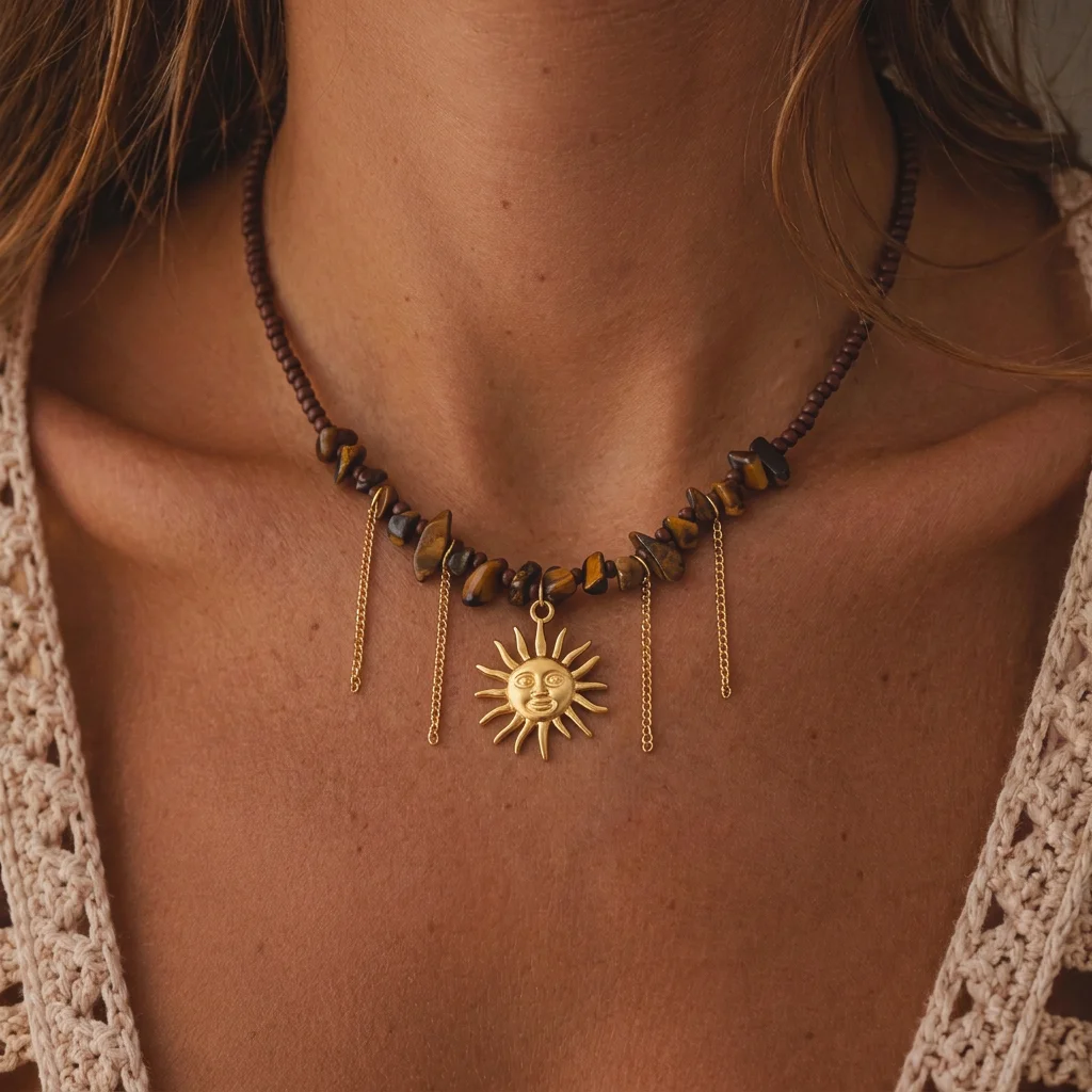 Tiger Eye Stainless Steel Sun Tassel Necklace for Women Boho Gold Plated Waterproof Non Tarnish Choker Chain Party Jewelry Gift