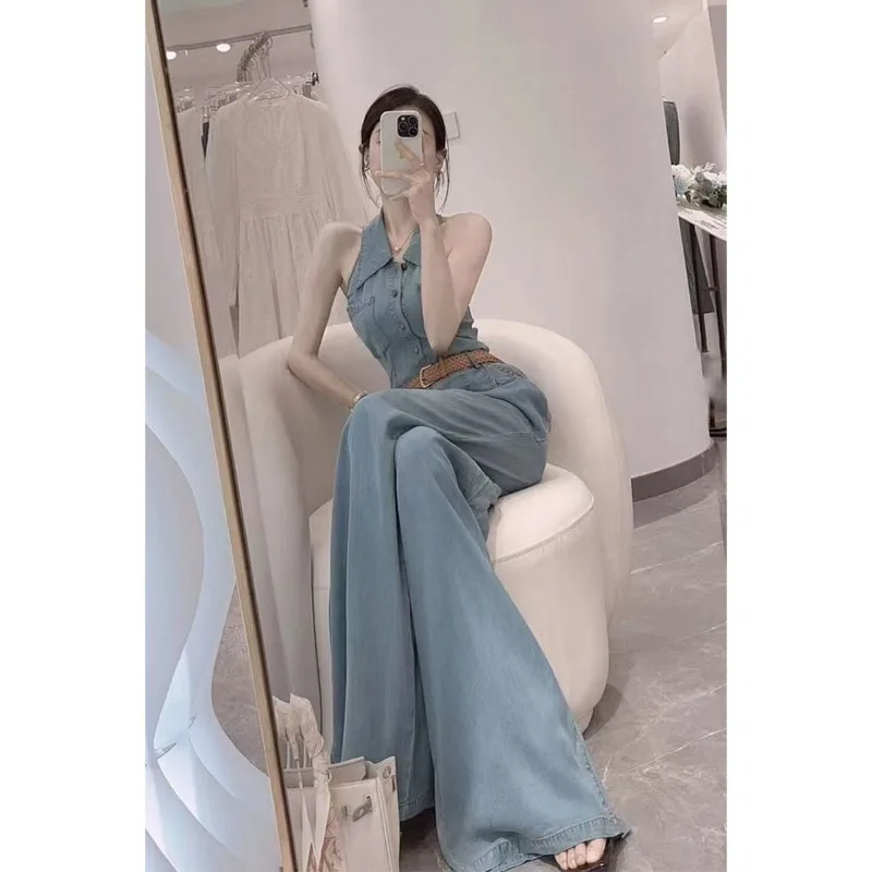 

Новинка 2024 года, весенние комбинезоны для женщин, повседневный элитный изысканный джинсовый комбинезон, широкие брюки, модный женский комбинезон с высокой талией