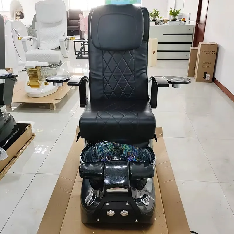 Pedicure Chair for Nail Salon, Black Reclining Foot Spa Chair Iridescent Glass Foot Bath, Tray Armrest & Remote