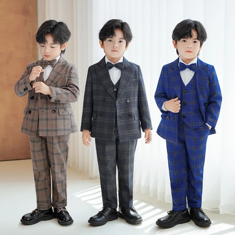 

Детский осенне-зимний клетчатый костюм, деловой костюм британских джентльменов на первый день рождения, костюм с цветочным узором для мальчиков, комплекты одежды для маленьких мальчиков