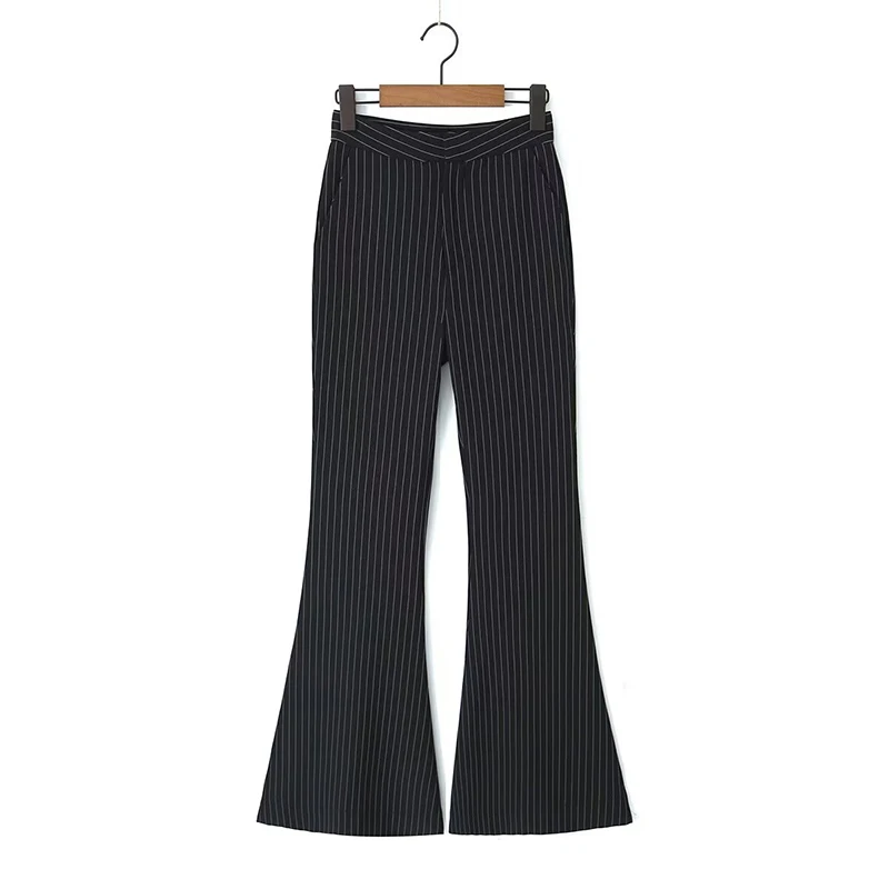 

2024 Women Vertical Striped Elegant OL Flare Sleeve Pants Vintage High Waist Office Ladies Business Formal Work Wear Trousers