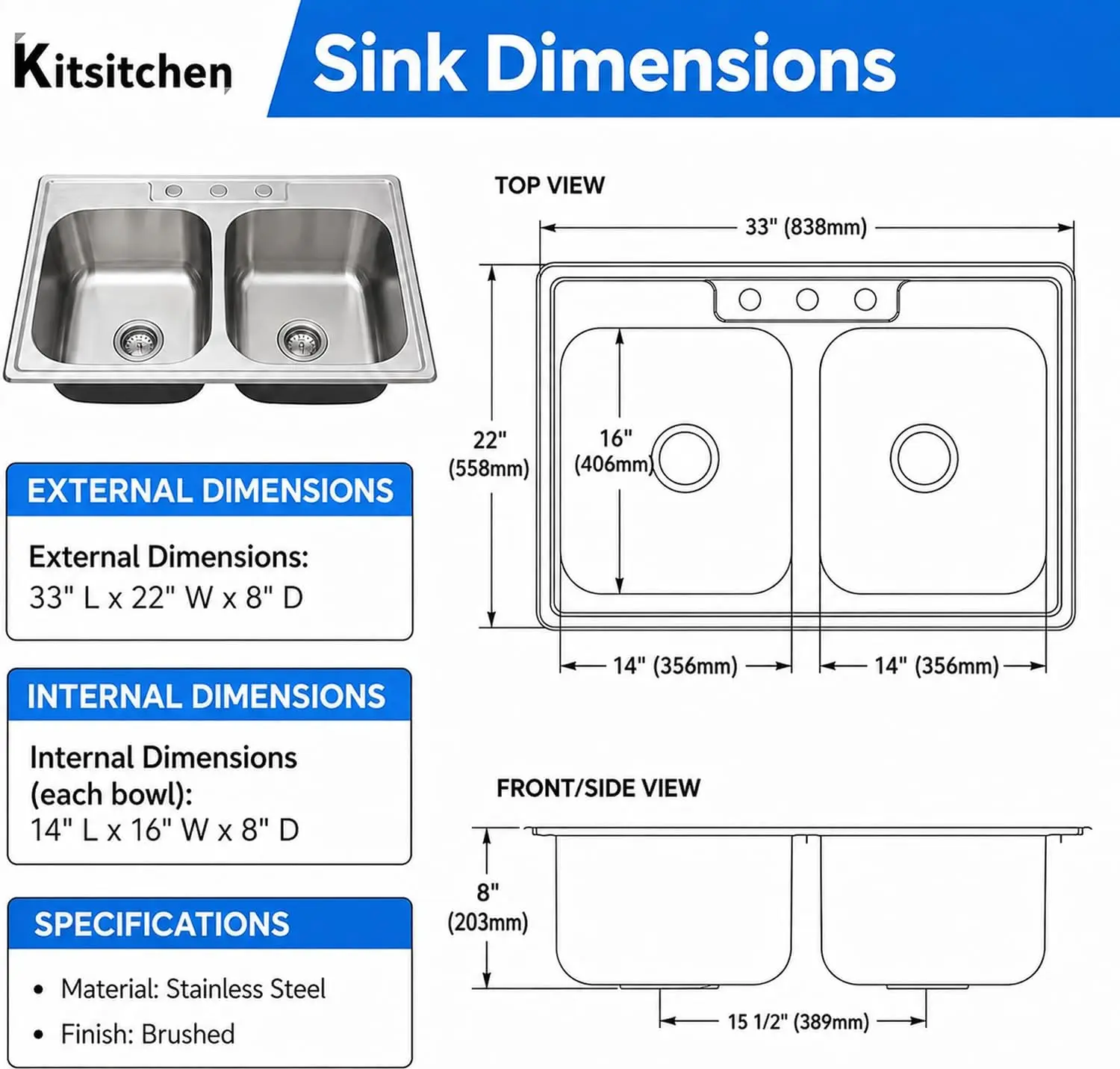 33 x 22 Drop In Kitchen Sink, T304 Stainless Steel Double Bowl
