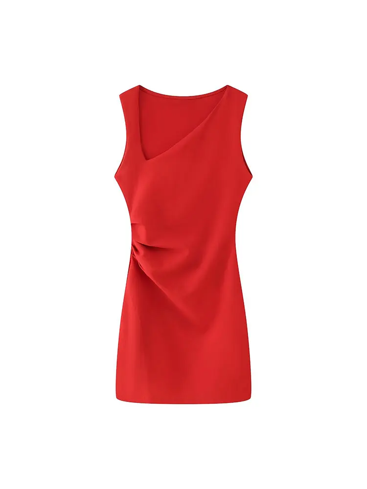 2025 Summer Women's Solid Mini Dress Fashion Pleated Decoration Dresses for Women Sleeveless Short Dress Elegant Dress