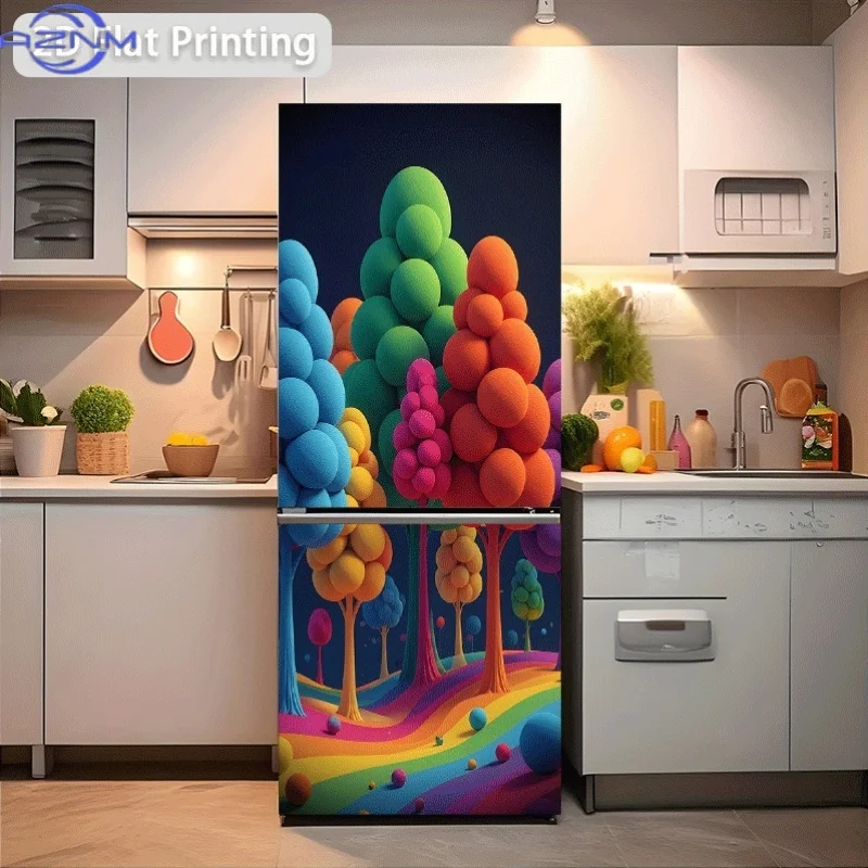 1pc 2D Pattern Printed Refrigerator Stickers Colorful Bubble Tree Paradise Wall Decals Self-Adhesive Wallpaper Suitable for Ca