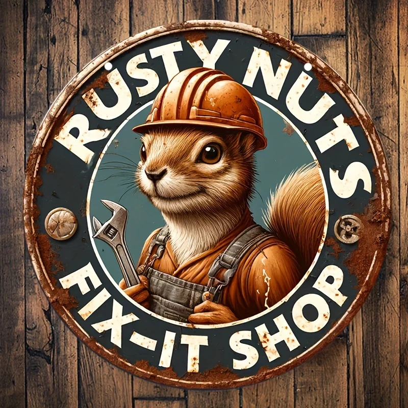 Vintage Animal Theme Aluminum Sign - Rusty Nut's Fix-It Shop Decorative Plaque for Wall Hanging - Waterproof and Weather Resista