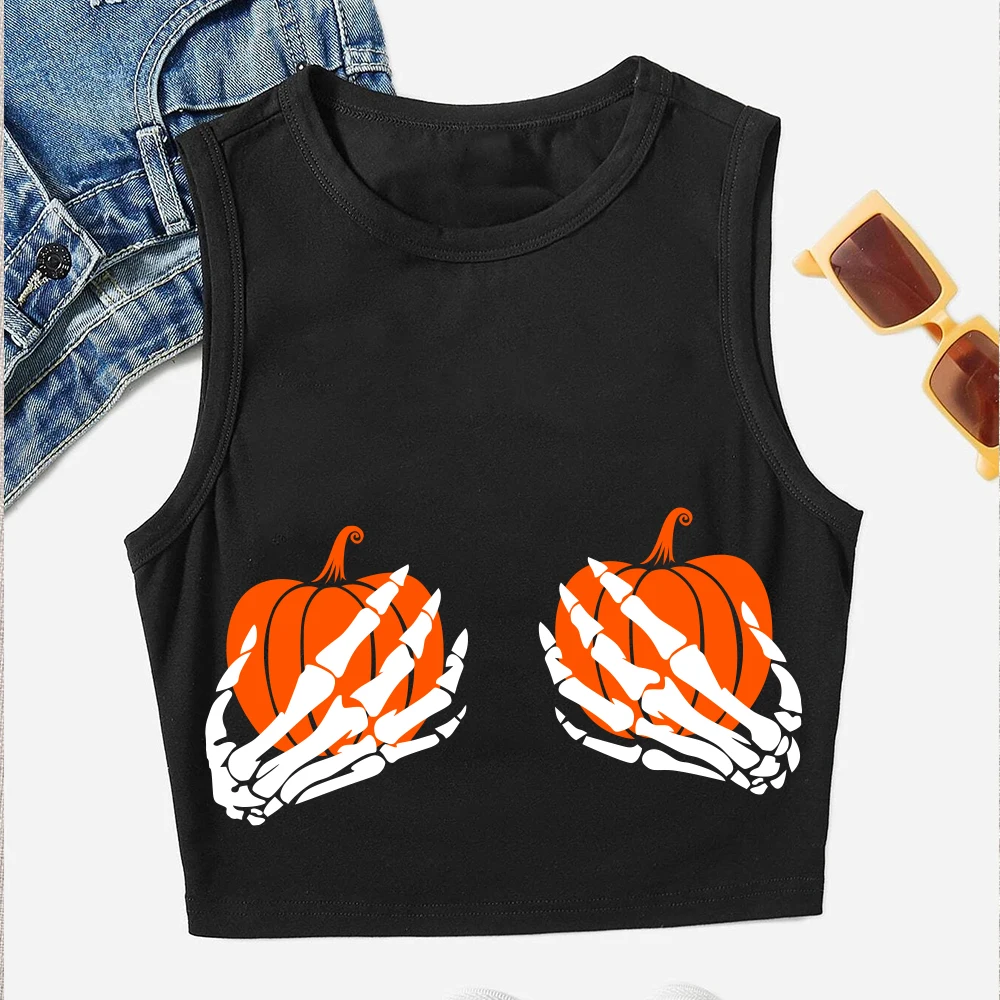 

Seeyoushy Skeleton Hand Pumpkin Print Women's Top 2023 New Summer Fashion Women's Tank Tops Y2K Aesthetic Top Ropa De Mujer