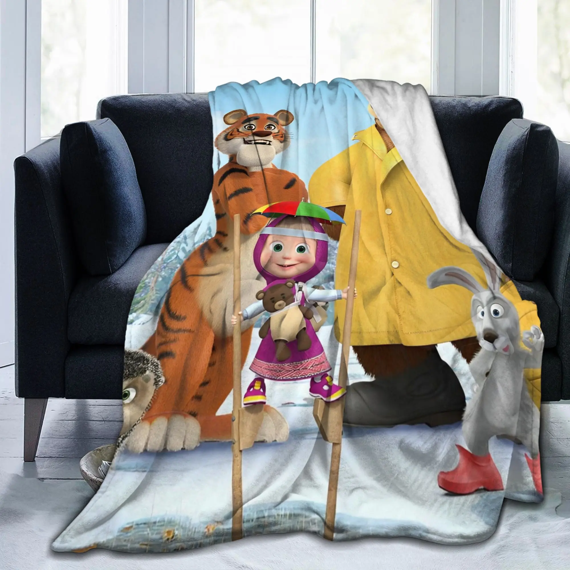 Springtime Cartoon Cute M-Masha And Bear Knitted Blankets Fleece Throw Blankets Bed Sofa Decoration Lightweight Bedspreads,