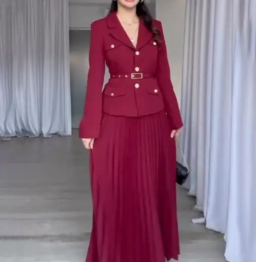 Two Piece Set 2025 Women Outfit 2025 Spring Autumn New Solid Color Temperament Notched Collar Blazer & Casual Pleated Skirt Set