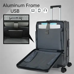 Aluminum Frame Front Opening Luggage Travel Suitcases on Mute Wheels PC Business Box Trolley Password USB Rolling Case Carry-Ons