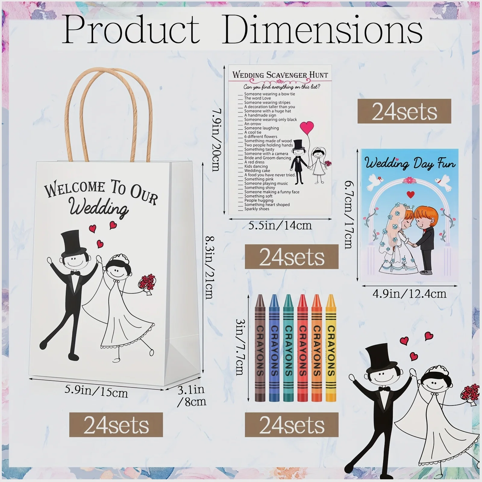 Set de Actividades para Bodas – Kit de Entretenimiento para Invitados de 96 Piezas: 24 Libros para Colorear, 24 Bolsas de Regalo, 24 Crayones y 24 Hojas de Tareas para Buscar Objetos