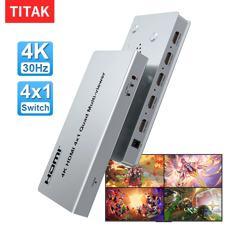 

HDMI Multiviewer 4K 4X1 HDMI quad viewer 4 in 1 HDMI Multi-viewer seamless hdmi switcher Switch with Remote conttrol and scaler