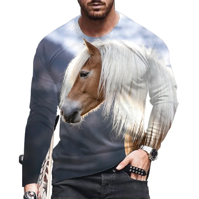 Gallant Horse 3D Animal Print Autumn Men\'s Round Neck T-shirt Casual Long Sleeve T-Shirt Oversized Pullover Trend Men Clothing