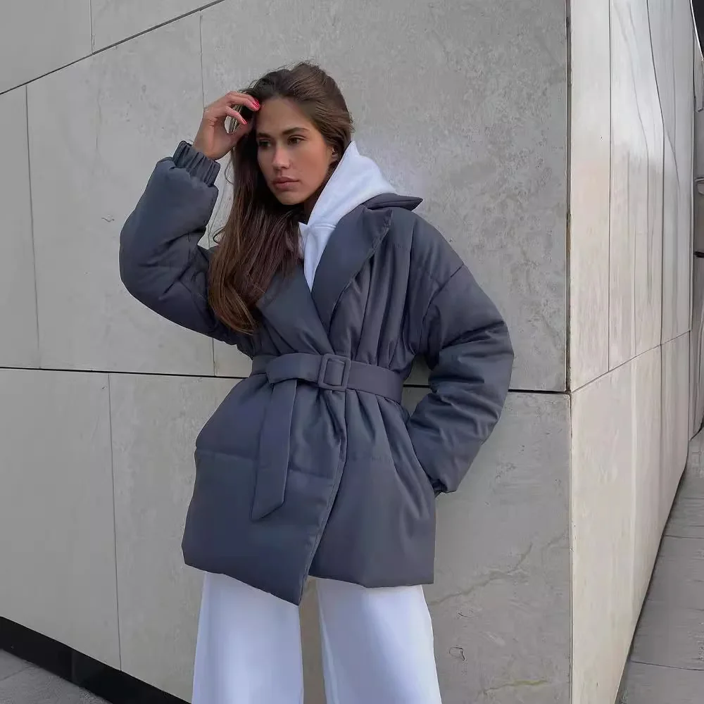 

Winter Women's Clothes With Thick Collars Waist Cinched Cotton Jackets Outwear Trendy Elegant Office Ladies Warm Quilted Jacket