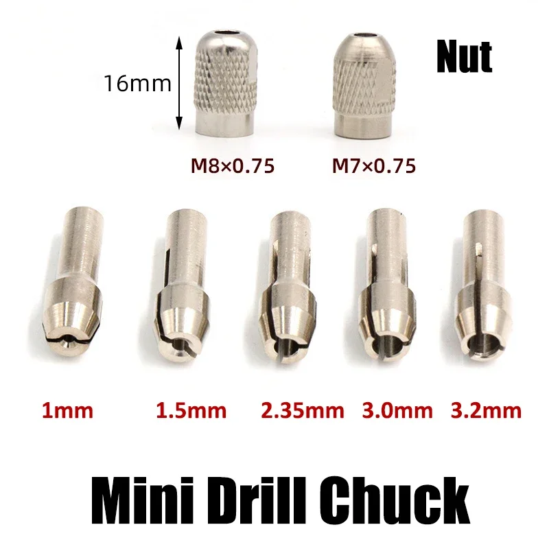 2pcs 1.0-3.2mm Mini Drill Chuck Quick M7/M8*0.75mm Nut Change Keyless Drill Bit Chuck Adapter Holder Clamp Fixing Device Tools