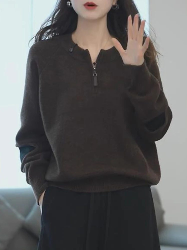 

Faionable Knitted Sweater f Zip Loose Thi Warm Winter Outerwear Korean Sle Breathable round Ne Long Sve Women's...