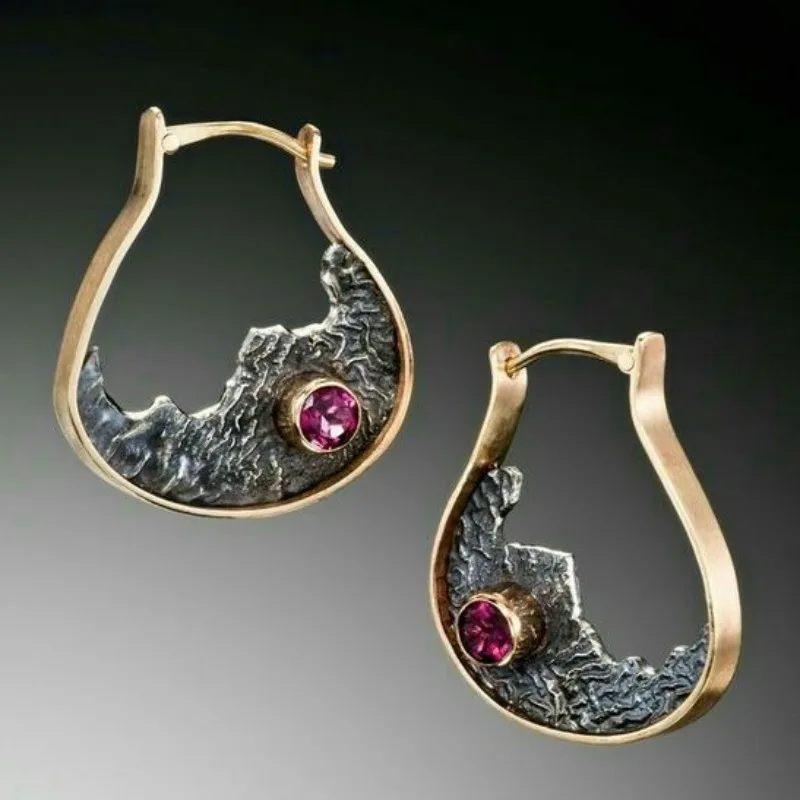 Creative Vintage Inlaid Red Synthetic Zircon Mountain Peak Design Hoop Earrings for Women's Fashion Banquet Jewelry Accessories