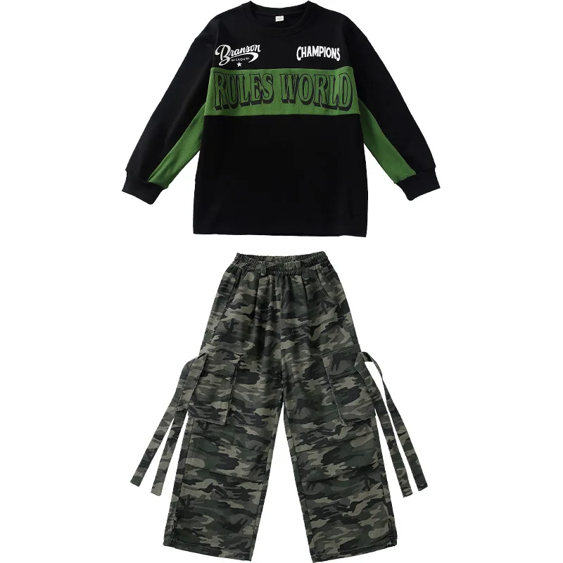 子供 Kpop ヒップホップ服黒文字スウェットシャツ迷彩ストラップパラシュートカーゴパンツ女の子男の子ストリートダンス衣装服