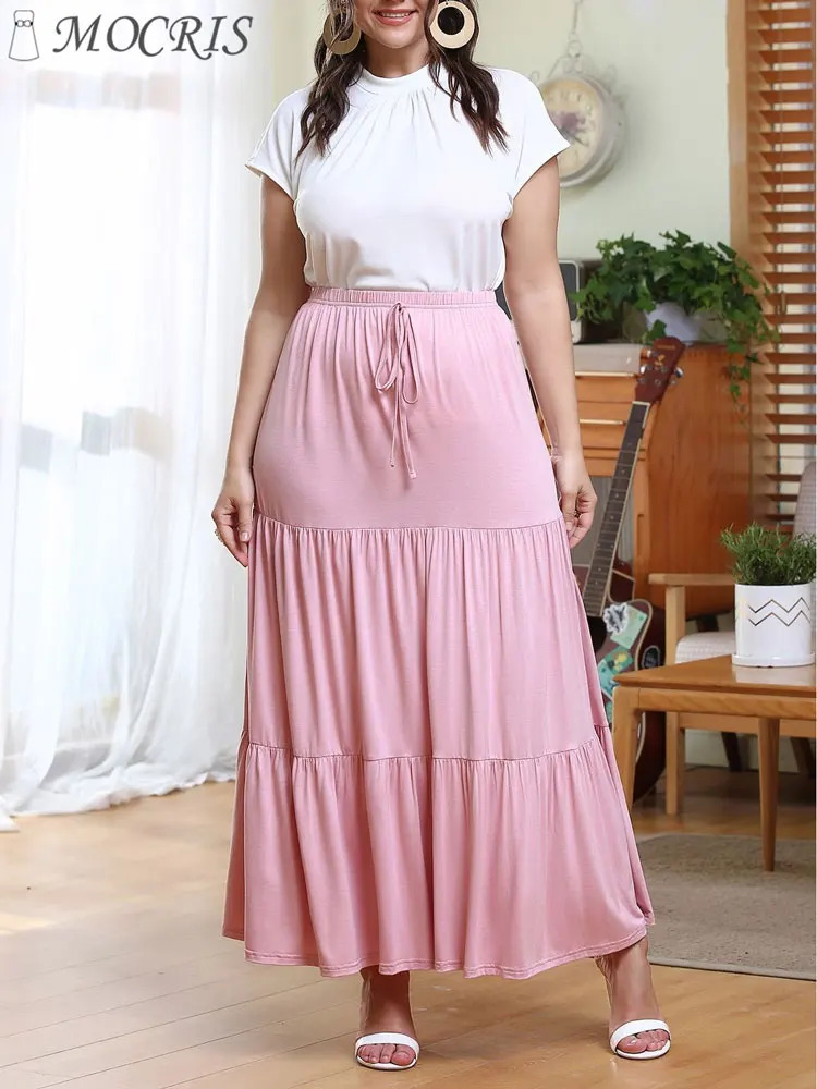 Plus Size Casual Monochromatic Pink Ruffled Lace-up Long Skirt, Elegant and Pretty Pleated Elastic Waist Summer Cake Skirt 2024