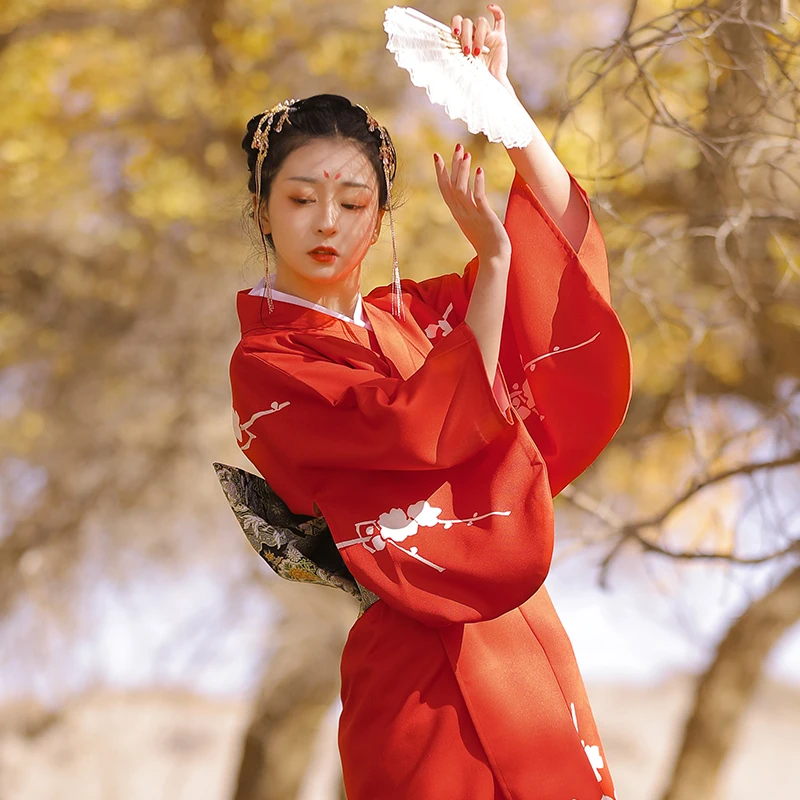 Women's Traditional Japanese Kimono Yukata Robe Red Color Winter Plum Prints Performing Dress Cosplay Clothing