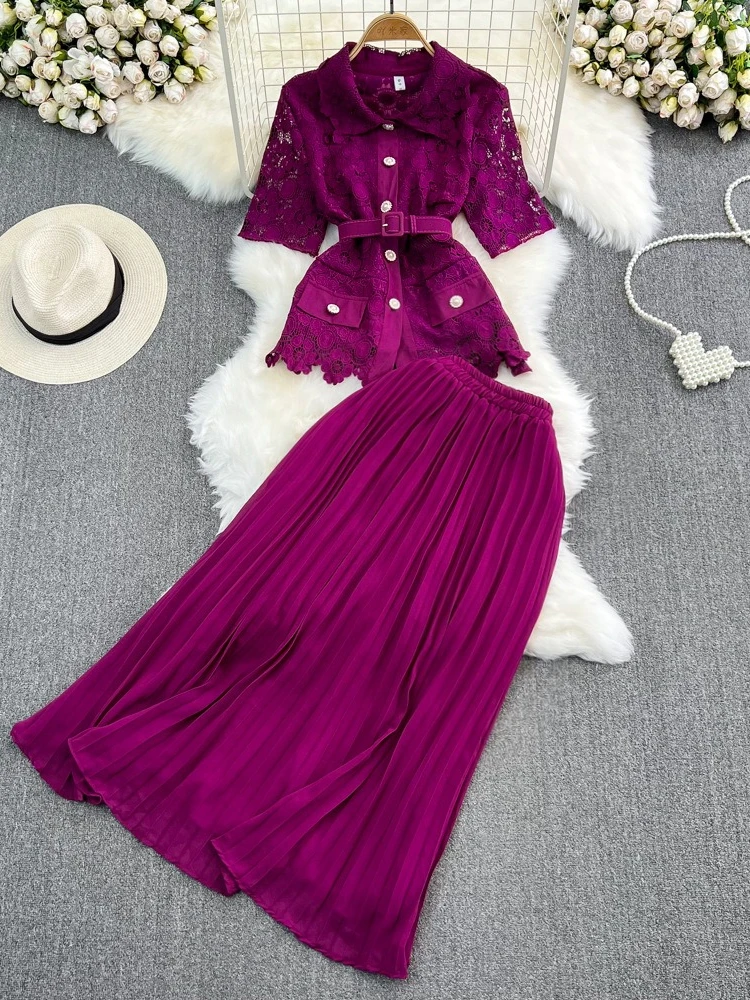 

Two Piece Sets Womens Outifits Summer Single Breasted Lace Shirt Dress Sets Turn-Down Collar Half Sleeve New Fashion Sets 2025