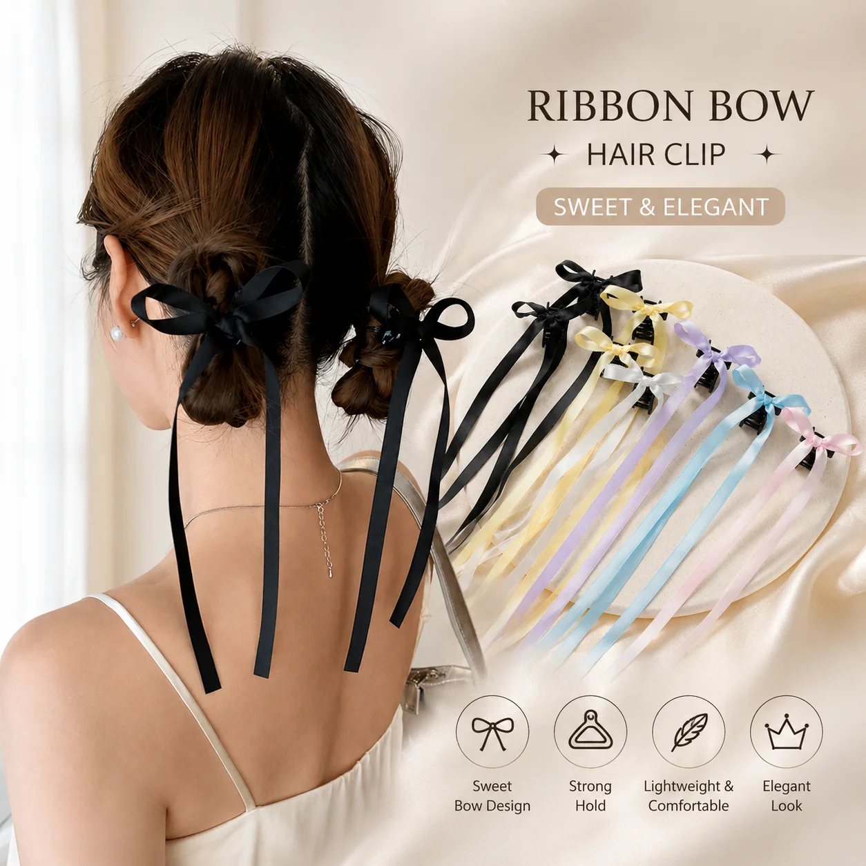Presilha de Cabelo Coreana com Laço Longo de Fita de Cetim, Fixação Forte, Elegante para Coque e Rabo de Cavalo, Acessórios Y2K para Mulheres e Meninas