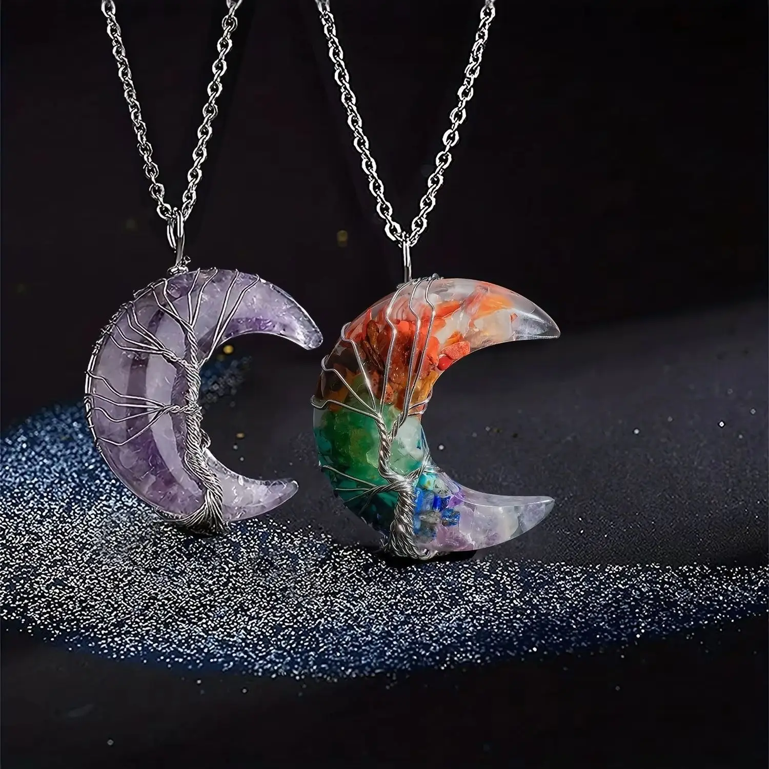 Healing Crystal Style Moon Necklace, Wire Wrapped Tree of Life, Resin Imitation Quartz Pendant Ornament